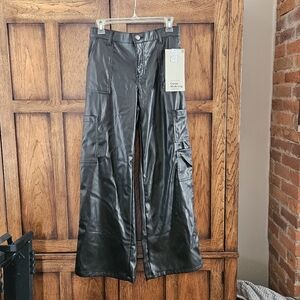 Black Faux Leather Cargo Pants